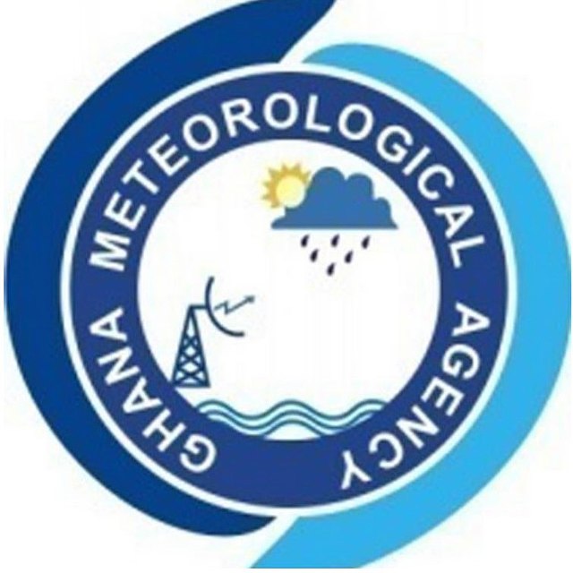 Logo of the Ghana Meteorological Agency featuring a weather symbol with sun, cloud, and rain, alongside a communication tower and ocean waves.