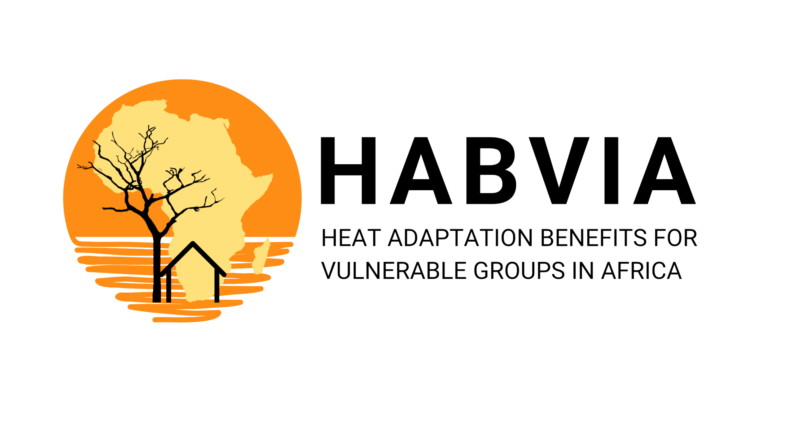 HABVIA logo featuring a silhouette of Africa with a barren tree, house structure, and an orange sun, with the text 'Heat Adaptation Benefits for Vulnerable Groups in Africa'.