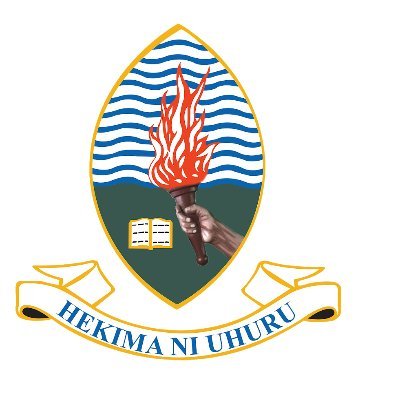University of Dar es Salaam logo featuring a hand holding a flaming torch, a book, and wavy blue lines, with the motto 'Hekima ni Uhuru' below.