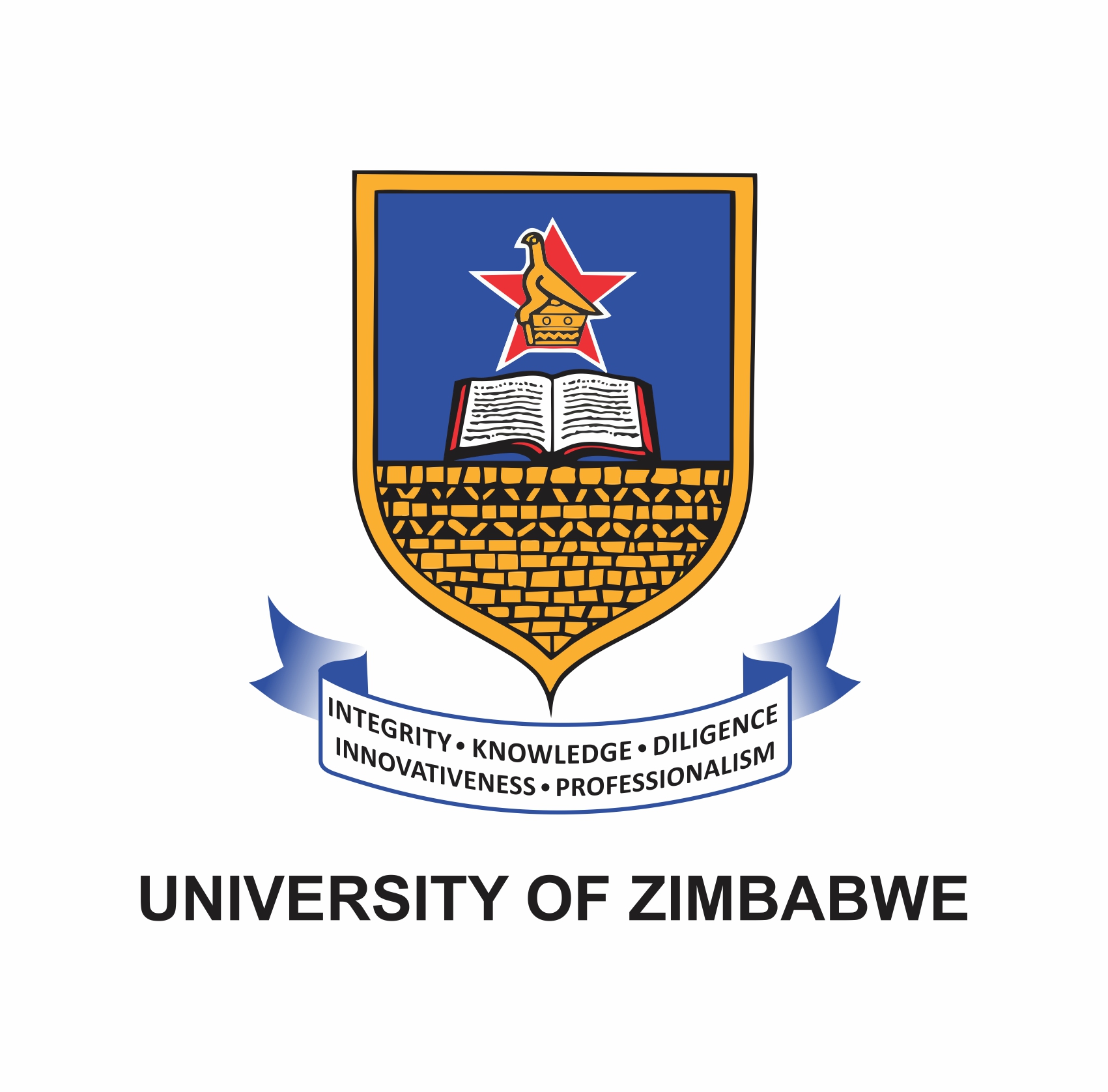 University of Zimbabwe logo featuring a shield with an open book, the Zimbabwe Bird symbol, and a banner reading 'Integrity, Knowledge, Diligence, Innovativeness, Professionalism