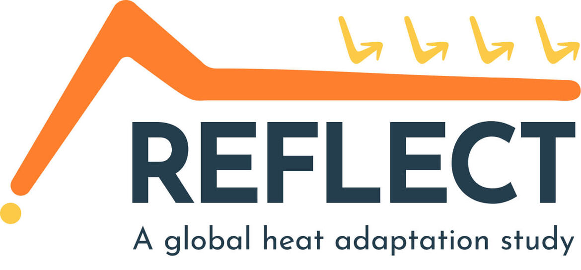 REFLECT logo with an orange roof design and yellow arrows, accompanied by the tagline 'A global heat adaptation study'.