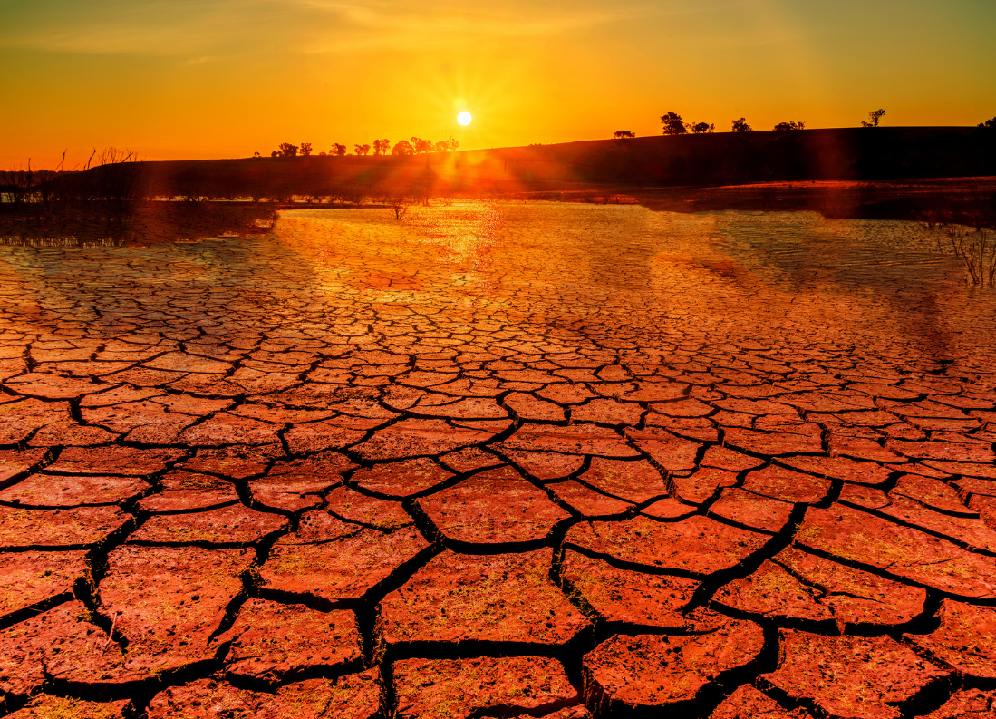 Cracked, dry earth under a blazing sun, symbolizing extreme heat and drought caused by climate change.