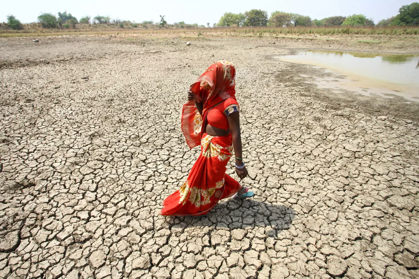 A woman in a red sari walks across a dry, cracked landscape near a shrinking water source, reflecting severe drought conditions.
