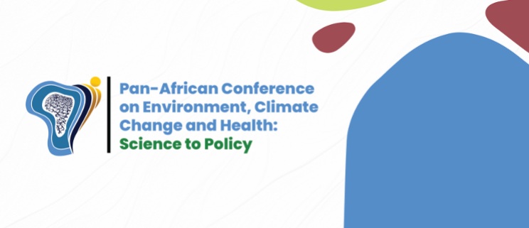 A logo and abstract coloured design with the text: Pan-African Conference on Environment, Climate Change and Health: Science to policy